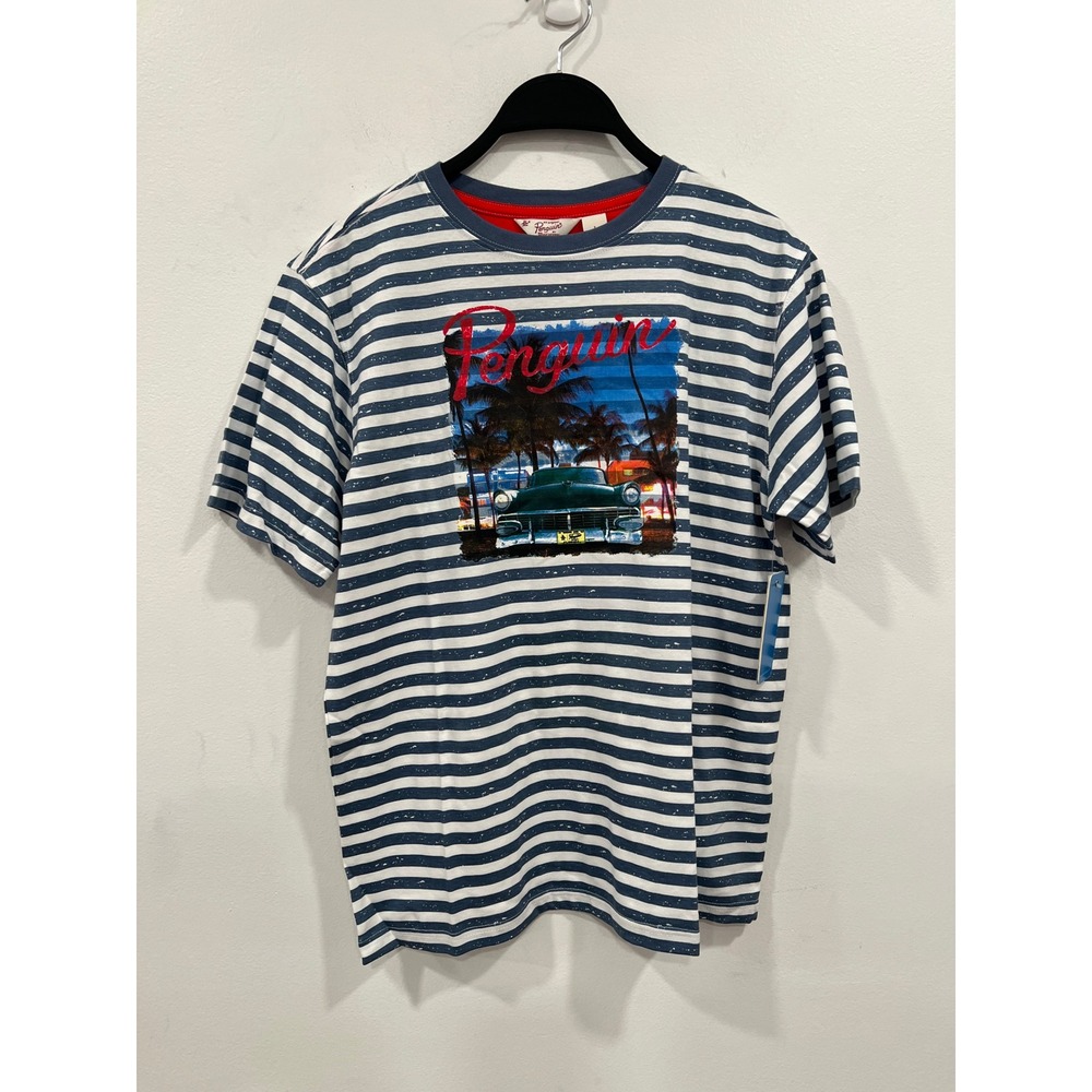 Penguin T-Shirt Boys Blue White Red Striped Large Graphic Screen print T New